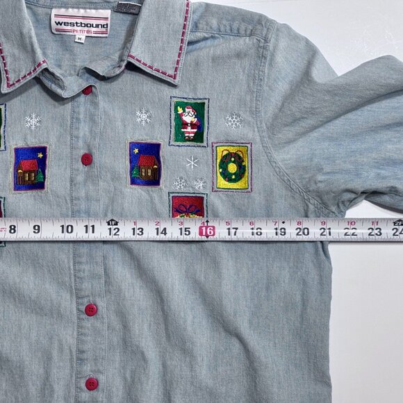 Vtg Christmas Stamps Denim Button Down Shirt Embroidered Holiday Festive Teacher - Picture 12 of 16